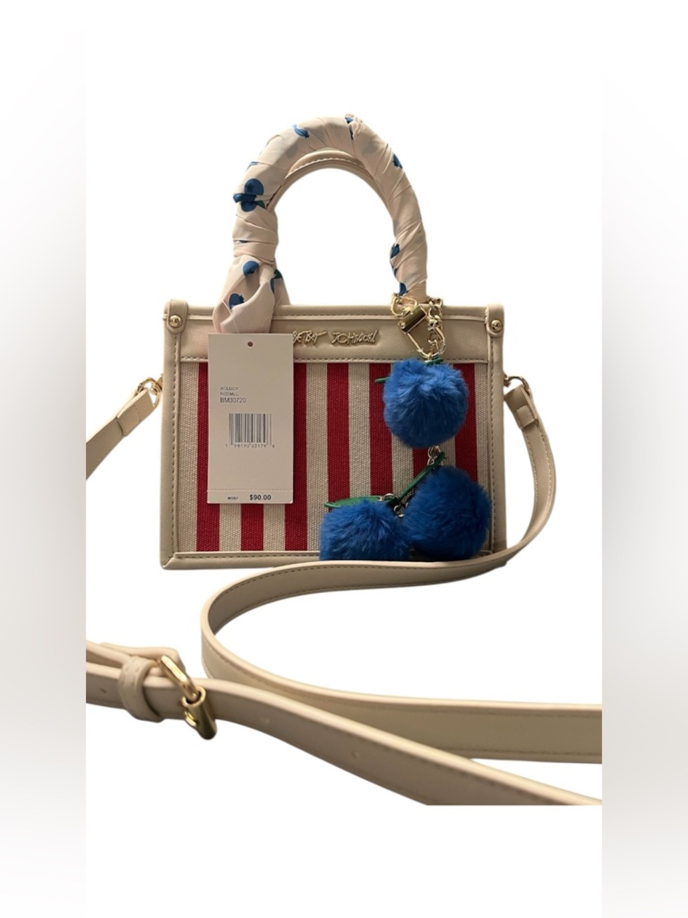 Betsy Johnson xo Lucy satchel crossbody bag w blueberry charm scarf red multi - Picture 3 of 6